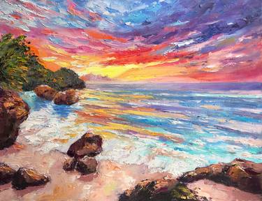 Sunset seascape colorful impasto painting Hawaii beach heavy texture artwork seaside ocean wall art thumb