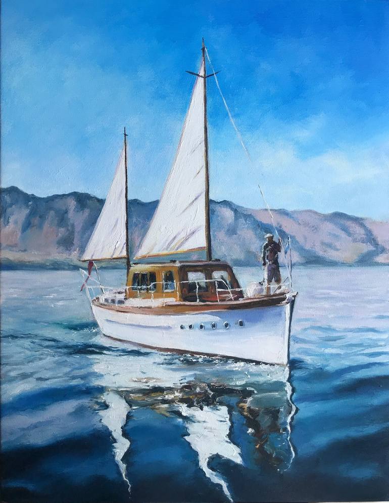 White Sailboat painting navy blue seascape with sailor oil painting on  canvas Art Print