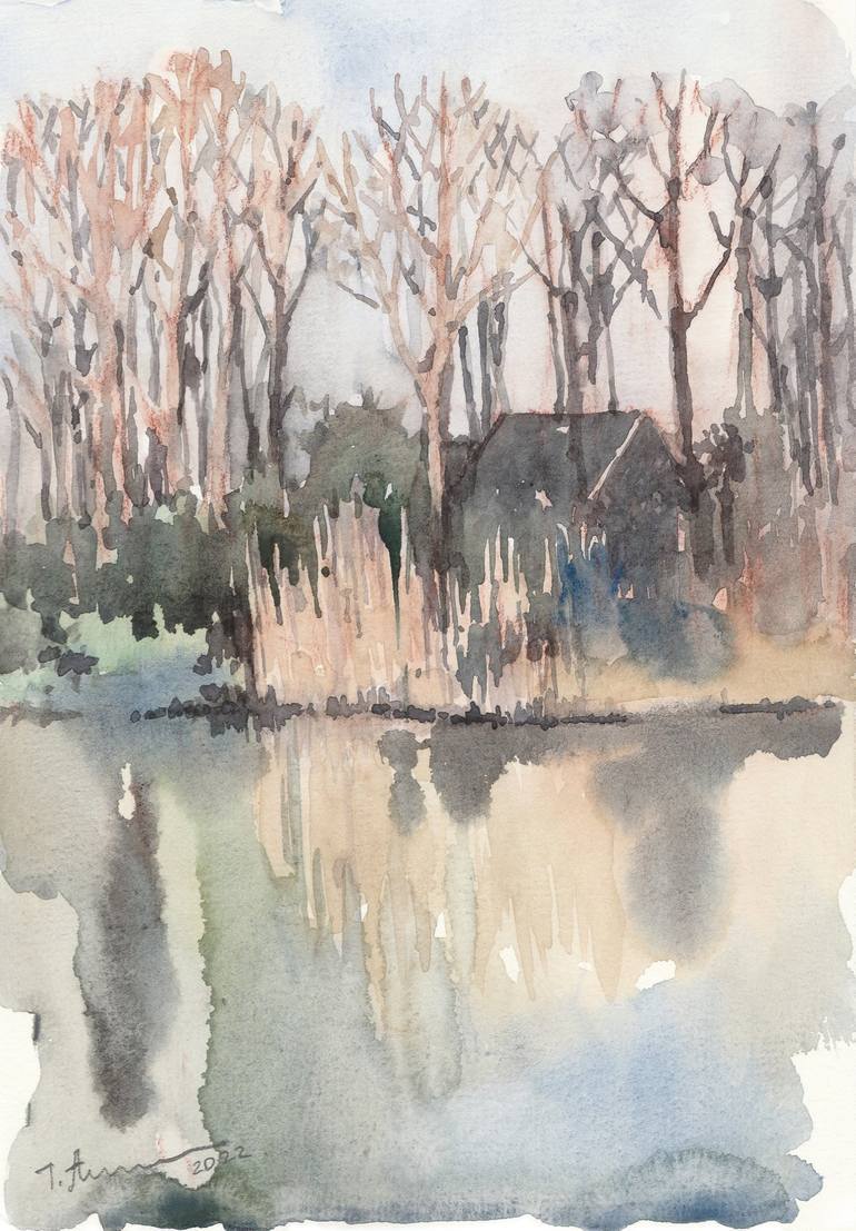 Original Landscape Painting by Tatiana Alekseeva | Expressionism Art on Paper | At the Lake