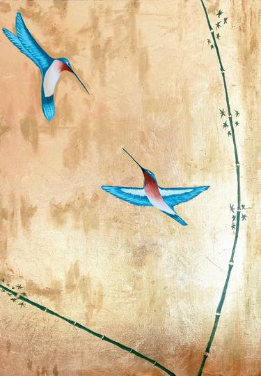 Love is stronger. Hummingbird. Birds. Love painting. Romantic painting. Gold Leaf painting. Golden painting. thumb