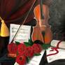 Roses,violin and notes, a perfect still life painting made with oil on canvas.