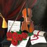 Roses,violin and notes, a perfect still life painting made with oil on canvas.