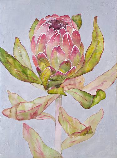 Protea. Large floral watercolor and acrylic painting thumb