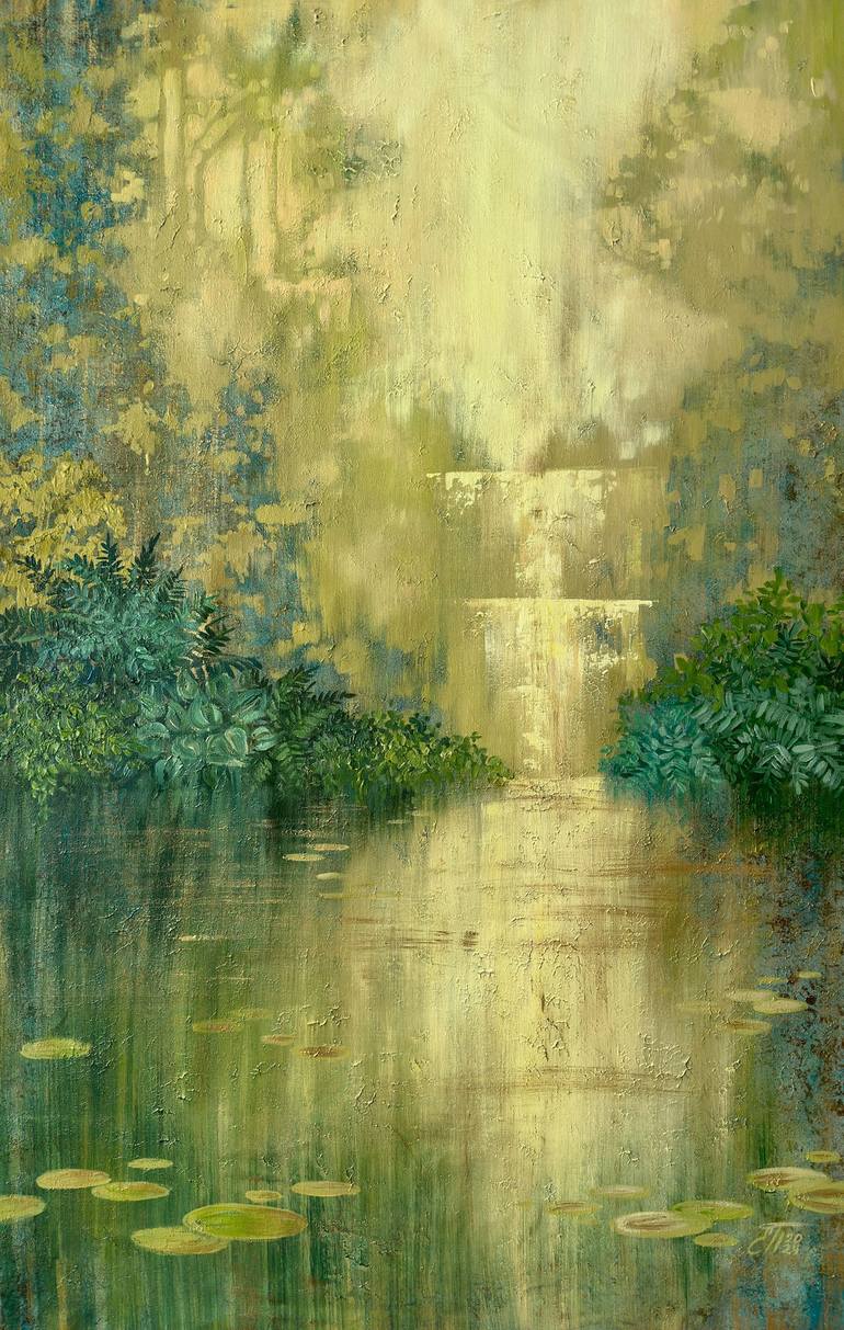Green Pond By The Waterfalll Painting by Ekaterina Prisich | Saatchi Art