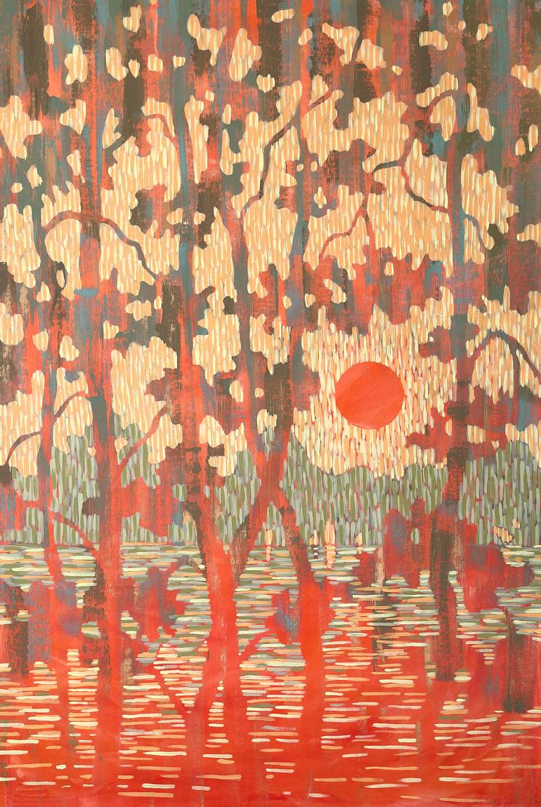 Original Landscape Painting by Ekaterina Prisich | Expressionism Art on Canvas | Orange Sunset over the Forest Lake