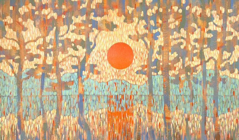 Original Landscape Painting by Ekaterina Prisich | Impressionism Art on Canvas | Orange Sun Over the Lake