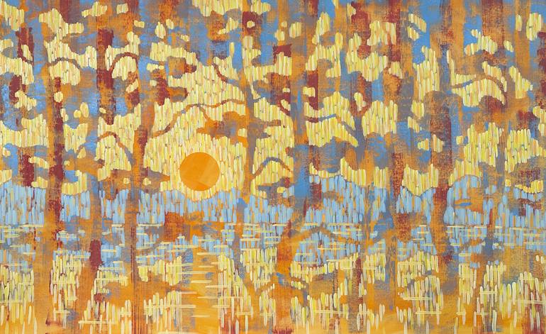 Original Landscape Painting by Ekaterina Prisich | Abstract Art on Canvas | Through the Pines. Yellow Sunset