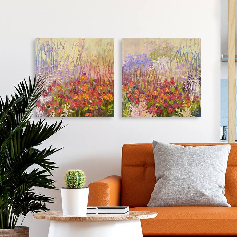Sunlit Flowers - set of 2 square abstract floral paintings Painting by ...