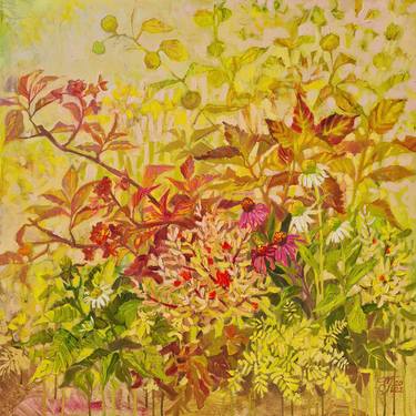 AUTUMN CARNIVAL - FLORAL GARDEN PAINTING YELLOW FALL LANDSCAPE thumb