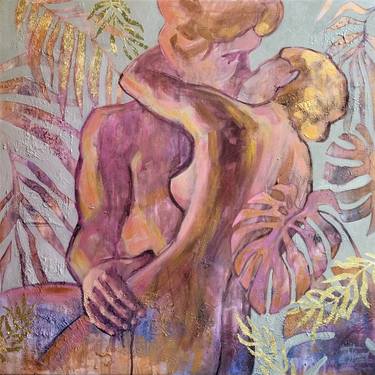 KISS - HUGS OF A COUPLE IN LOVE IN PURPLE AND GOLD COLORS thumb