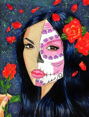 Woman Portrait with painted face and rose in hand | Acrylic artwork | Hand painted Illustration | Birthday gift for her, Gift for women thumb