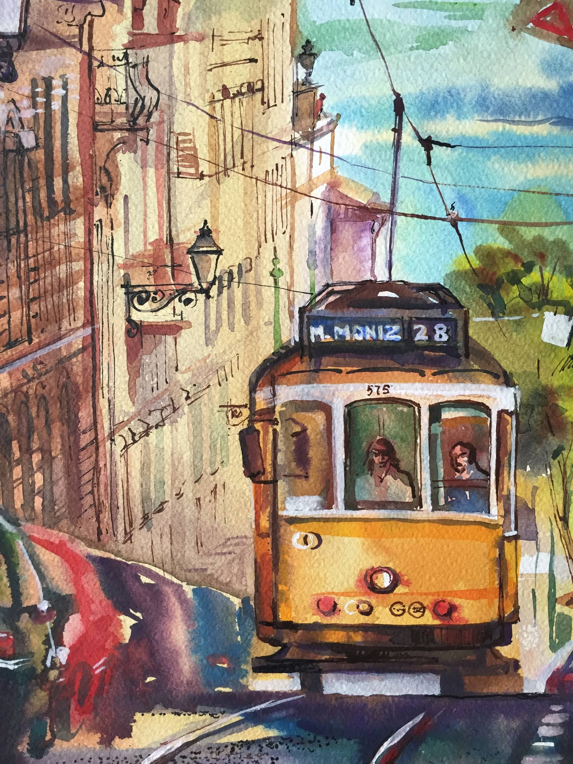 Tram Portugal painting oil framed original, cityscape Tram oil painting ...
