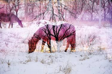 Pink horse in a winter forest thumb