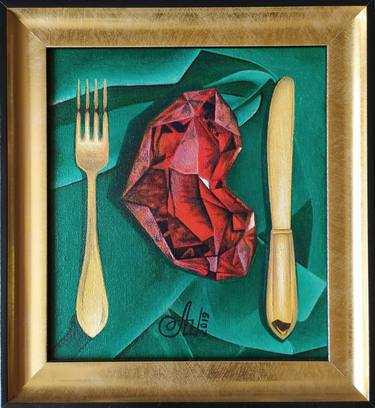 Dorian Gray`s dinner - love, stillife, dinner, gold, hart, oil painting on canvas, original gift, gift idea, home decor. thumb