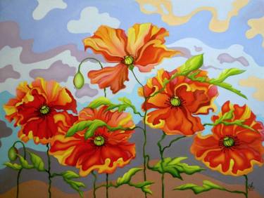 Field of poppies - flowers, poppies, sky, landscape,  oil painting on canvas, original gift, gift idea, home decor thumb