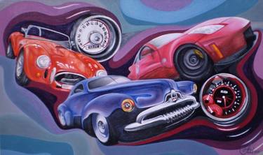 Race through time - cars, race, speed, red, blue, oil painting on canvas, original gift, gift idea, home decor. thumb