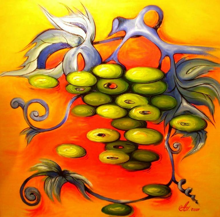 SURREAL GRAPE - Bunch of grapes, surrealism, orange, green, blue, oil  painting on canvas, original gift, gift idea, home decor. Art Print