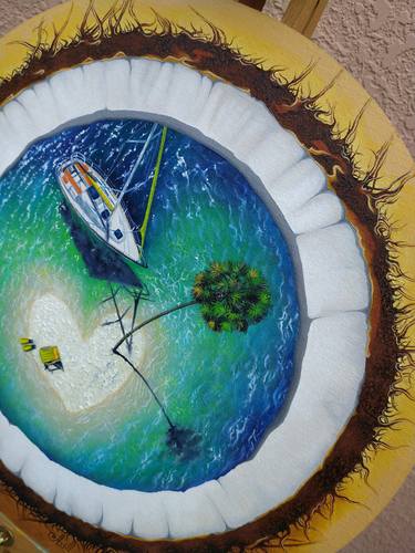 "Coconut Paradise" - travel, vacation, sea, beach, yacht, coconut, enjoyment, summer, surrealism,oil painting on canvas, original gift, gift idea, hom thumb