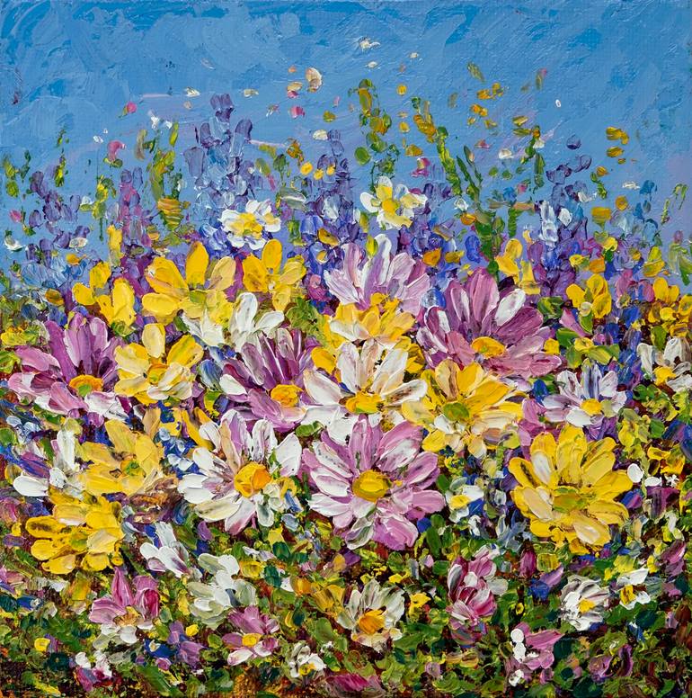 Original Floral Painting by Anastasia Woron | Impressionism Art on Canvas | Daisies Yellow White and Pink.