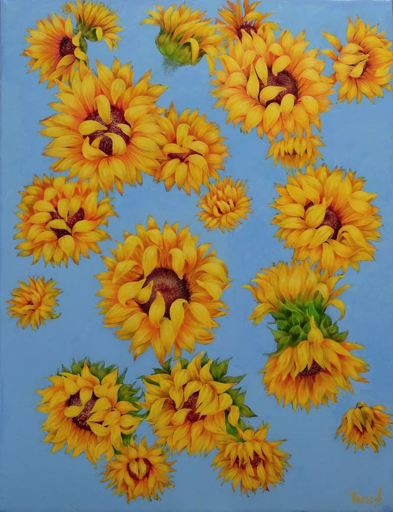Original Floral Painting by Anastasia Woron | Figurative Art on Canvas | Sunflowers over the blue sky.