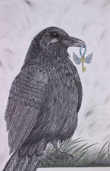 RAVEN ART crow art images graphite drawing for sale fantasy crow raven art print thumb