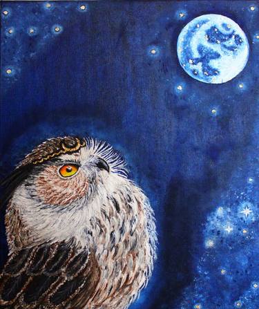 Fantasy owl art Owl and moon oil painting original canvas thumb