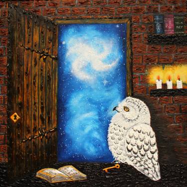 Fantasy owl art Owl oil painting original canvas thumb