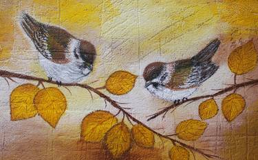 Sparrows art acrylic painting original autumn fall yellow thumb