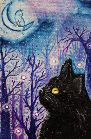 Black cat and moon fantasy art Oil painting original on canvas thumb