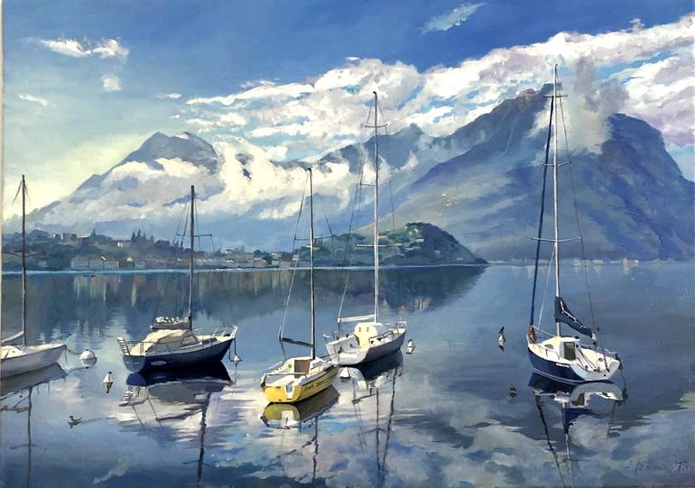 Original Boat Painting by Anastasiya Kharchenko | Realism Art on Canvas | Morning on the lake