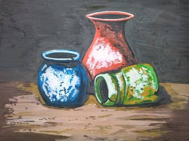 Original Still Life Tempera Painting Three Pots thumb