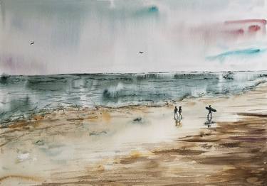 Original Watercolor painting seascape beach Bloemendaal aan Zee Autumn Day Wall decor 36x51cm/ 14,2x20,1 inch thumb