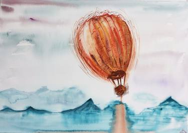 Original Watercolor painting Luft ball air Ballon Berge Wall decor 36x51cm/ 14,2x20,1 inch thumb