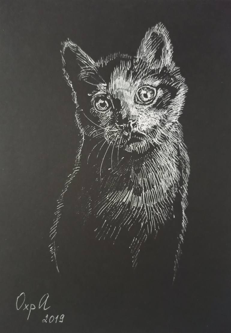 Kitten portrait - pen on black paper, original gift, office interior, home  decor, animal Drawing by Alona Vakhmistrova