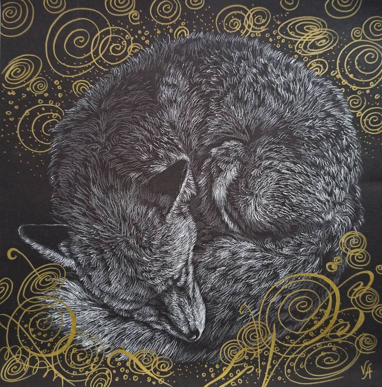 SWEET DREAM FOX animal drawing, wall art, original gift Drawing by Alona Vakhmistrova