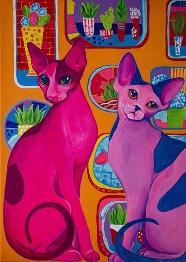 Original Color Field Painting Cats Painting by Oksana Chumakova
