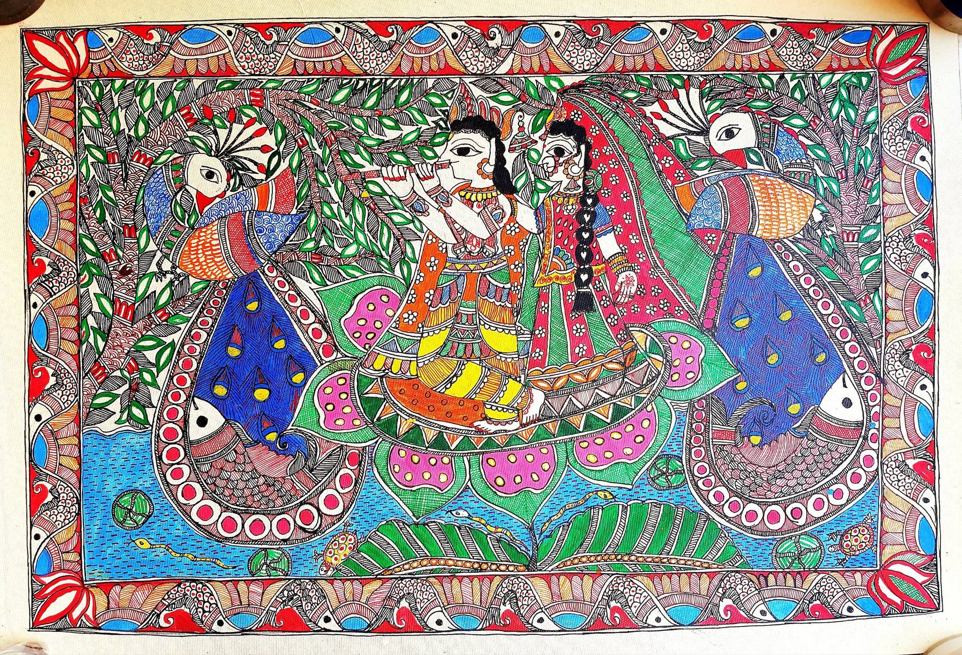 madhubani painting of krishna and radha