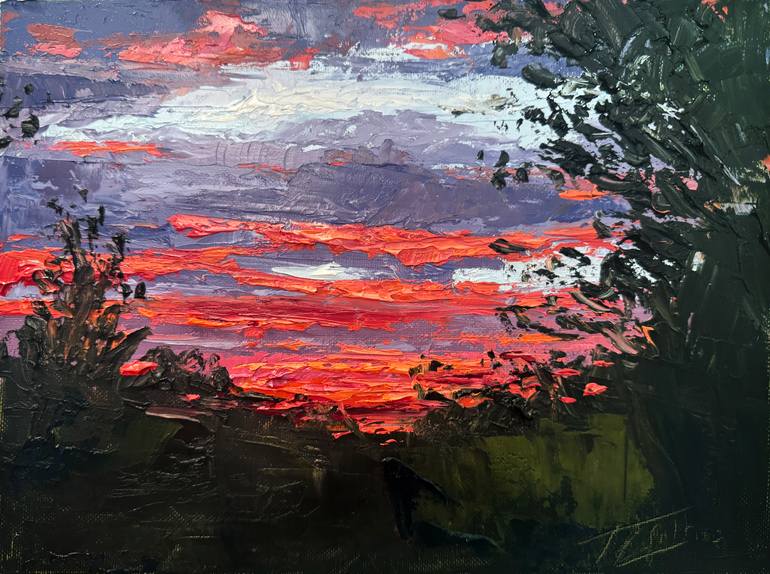 Original Sunset Painting by Travis Lefelhoc | Impressionism Art on Canvas | Red Sunset over the trees