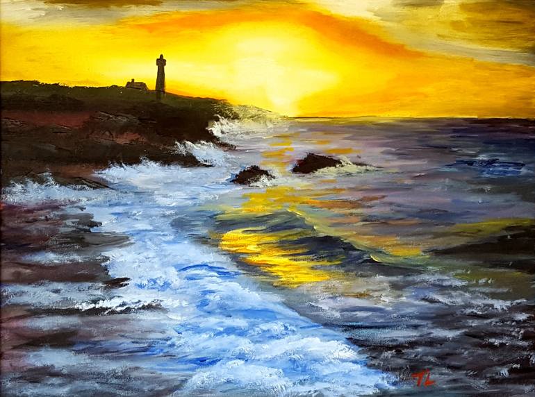 Sunset Lighthouse Painting by Travis Lefelhoc | Saatchi Art