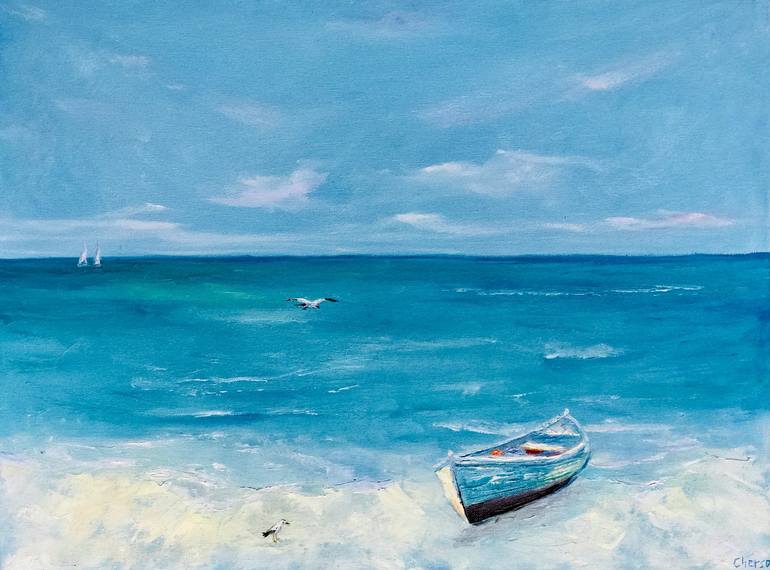 Sunny Boat Painting Impasto Seascape Oil Artwork Painting by Olga