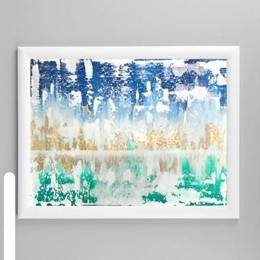 The best universal abstract gold painting in blue tones in your interior. Made on hardboard, based on recycled material 24.8 "x 35.43" thumb