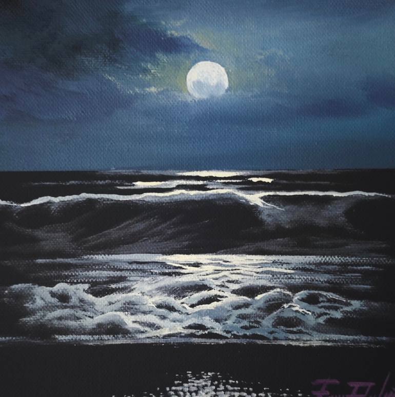 Original Seascape Painting by Enric Rubio Serra | Impressionism Art on Canvas | Moon note reflected in the sea. Small note of night.