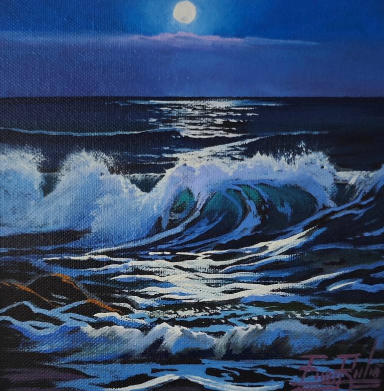 Original Seascape Painting by Enric Rubio Serra | Impressionism Art on Canvas | Moon note reflected in the sea. Small note of night.