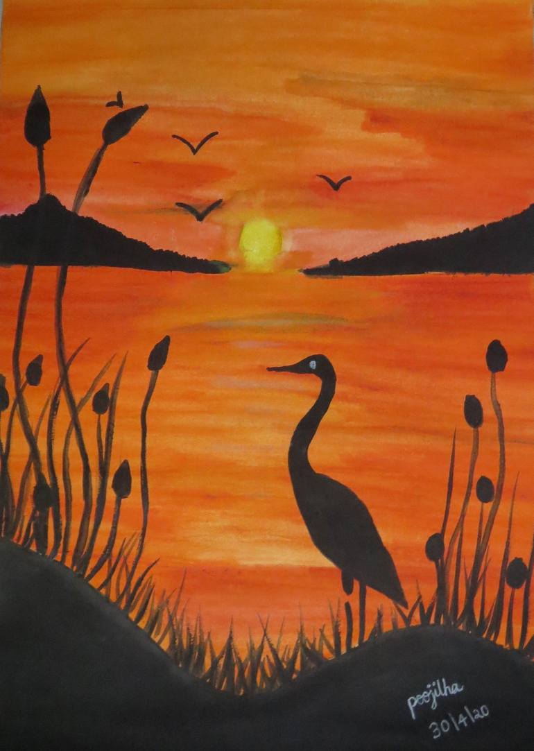 swan in sunset Painting by Ramya Jetty | Saatchi Art