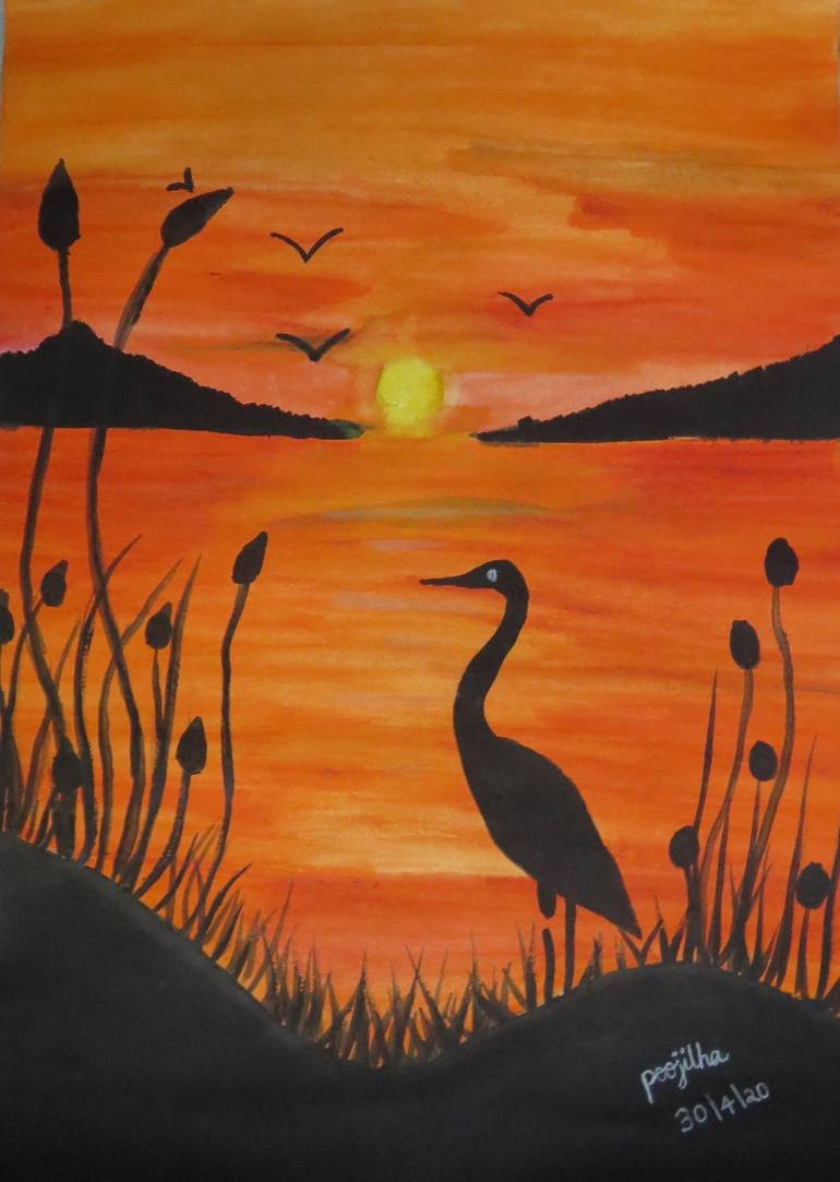 swan in sunset Painting by Ramya Jetty | Saatchi Art