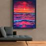 Painted on a big canvas, I wanted to emphasise the sunset shades and the feelings the observer gets when enjoying such expressive sunsets. 

I used neon pigments, mixed in oil, for the parts where I wanted to give the emphasis.

I expect the viewers to get impressed and feel the clouds burning above the sea, as well as its reflection in the waves.