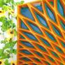 Perspective detail from a section of the coloured wood wall sculpture.