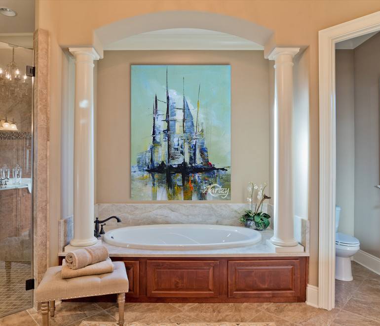 Original Art Deco Boat Painting by Wasantha Ranjan