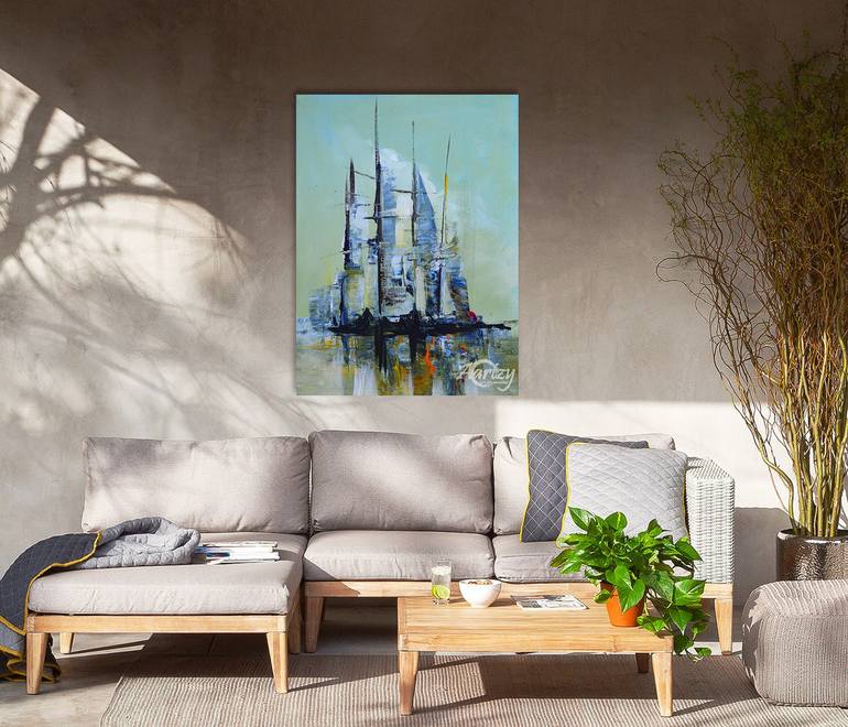 Original Art Deco Boat Painting by Wasantha Ranjan