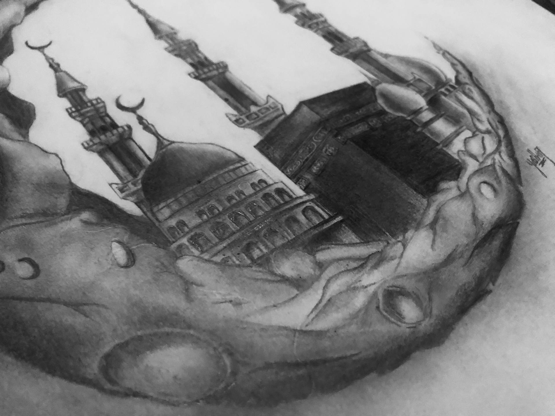 Mecca And Madina Pencil Drawing, Islamic Art, Realistic Drawing Drawing